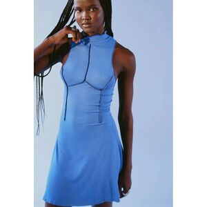 Urban Outfitters Blue Deja Mock Neck Seamed Sleeveless Mini Dress Size Small